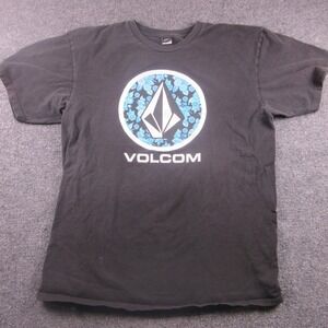 Volcom Shirt Mens Large Black Floral Stone Logo Graphic Tee Skateboarding Surf